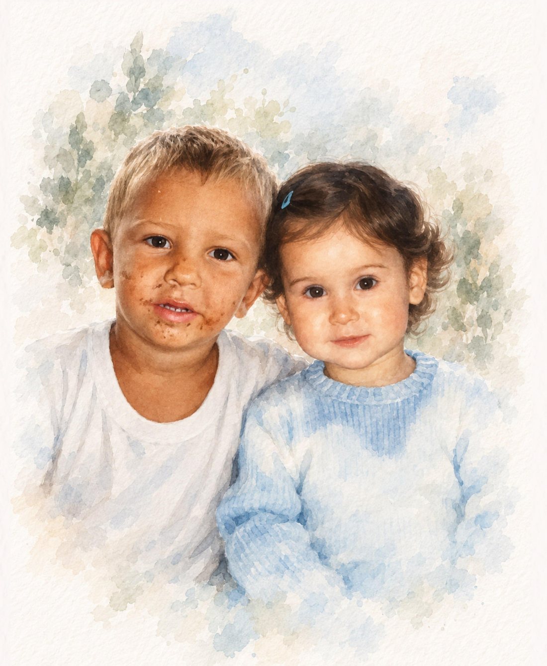 Ritratto ad acquerello di Alberto e Martina da bambini